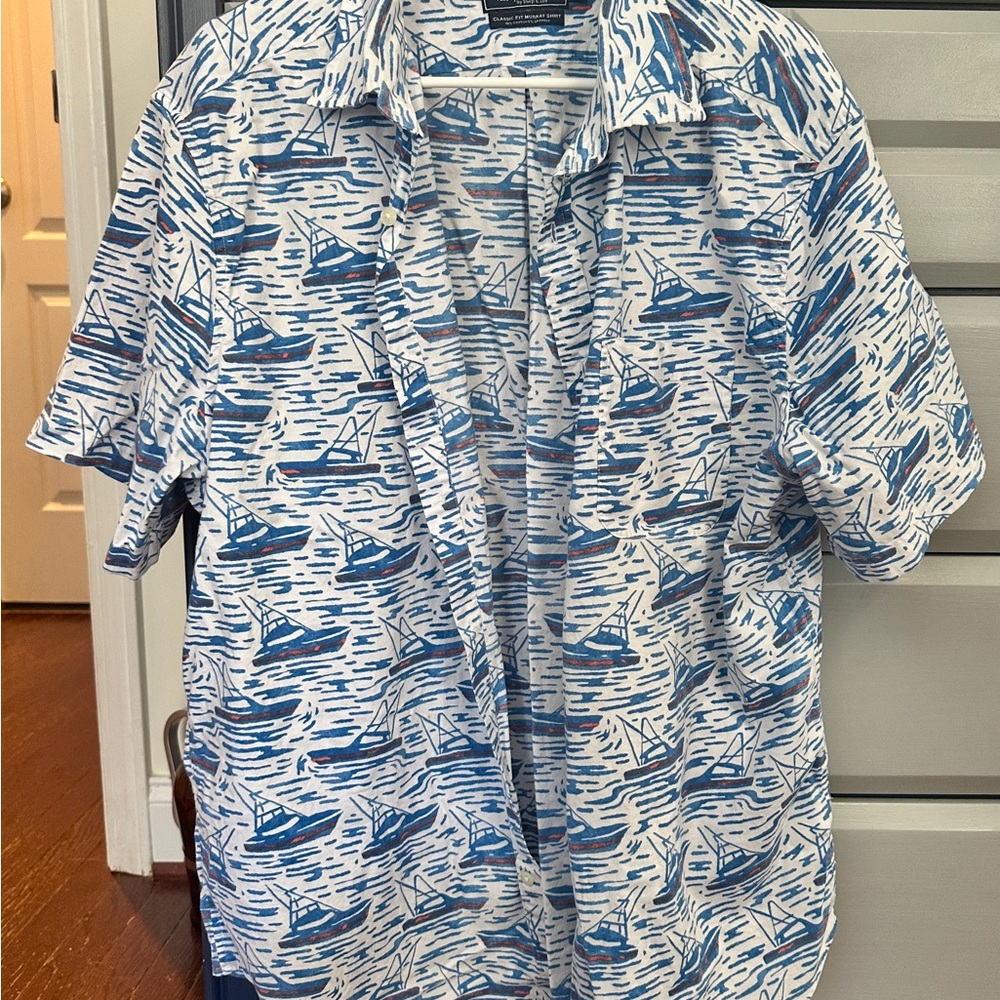 Vineyard Vines White Shirt with Blue Sailboat Print